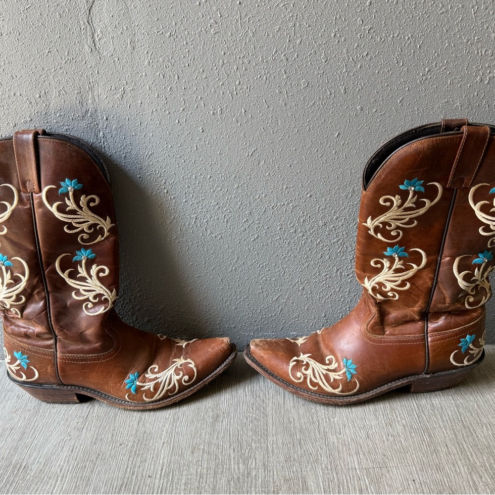 Brown and Blue Embroidered Western Boots